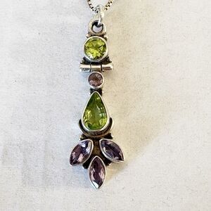Small Faceted Peridot and Amethyst Gem 925 Sterling Silver Necklace 18”